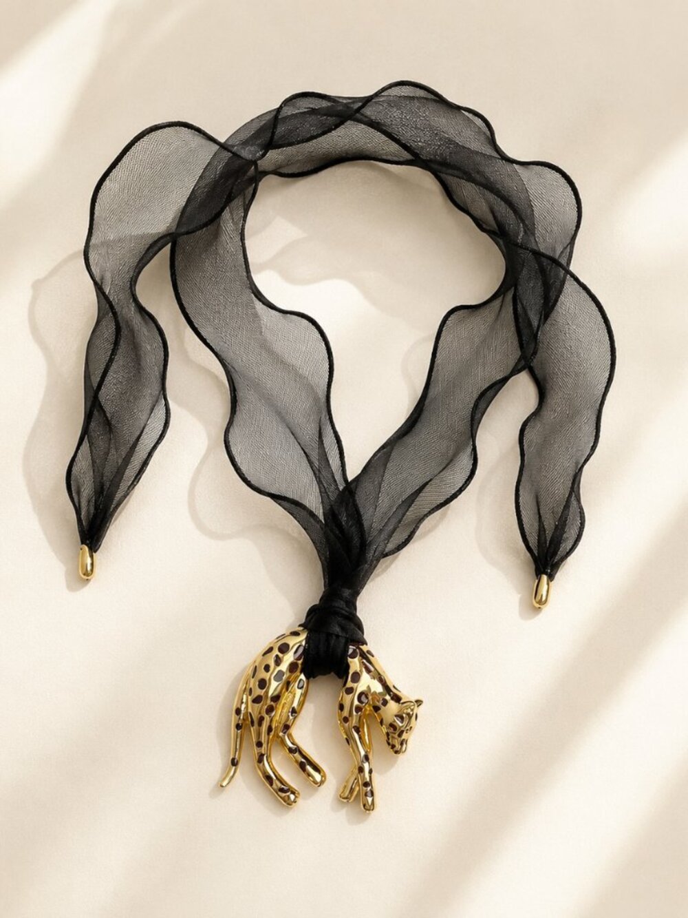 ✨ Black Organza Leopard Pendant Necklace Gold Statement Choker